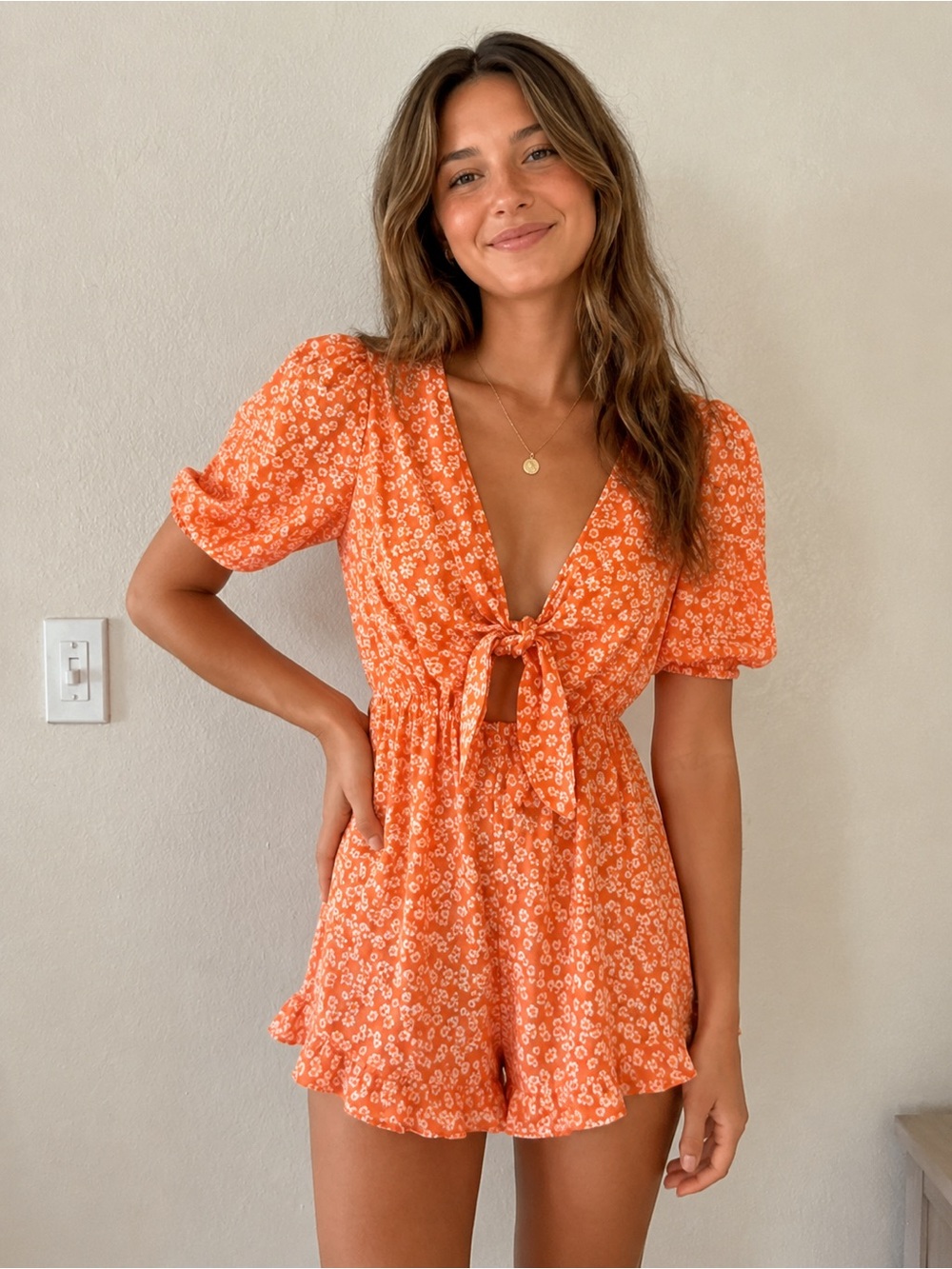 Urban outfitters tie front floral romper M